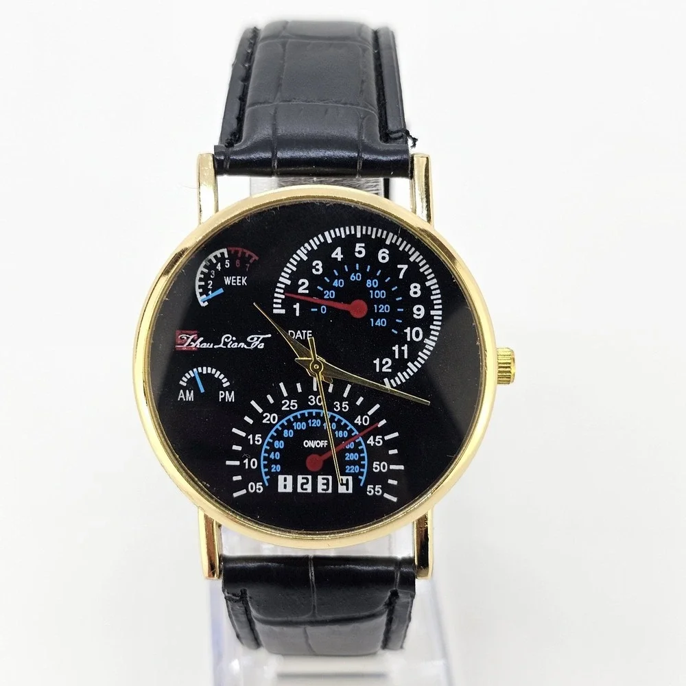 Men's Analog Watch 38MM Car Black Dial Black Faux Leather Bands New Battery